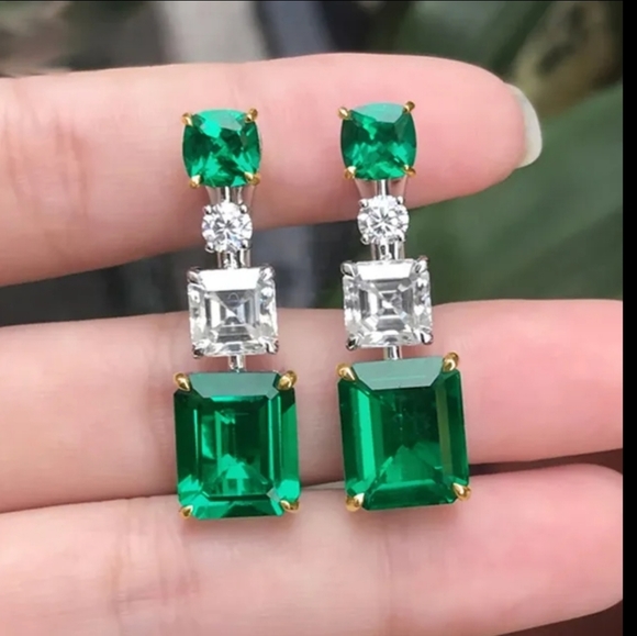 Jewelry - Emerald Cushion Cut Diamond Drop Earrings Statement Silver